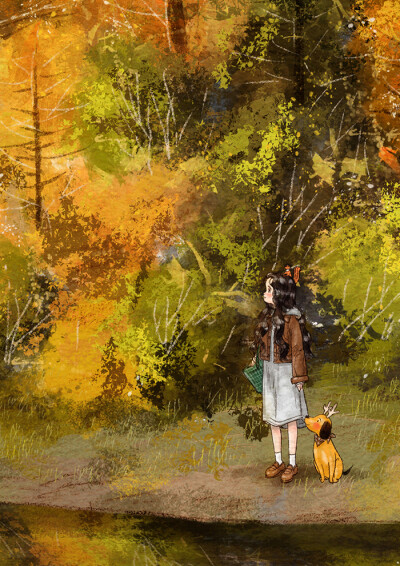 红的枫叶，黄的银杏，绿的森林…渲染出美丽的图画 ~ 来自韩国插画家Aeppol 的「森林女孩日记-2018」系列插画。