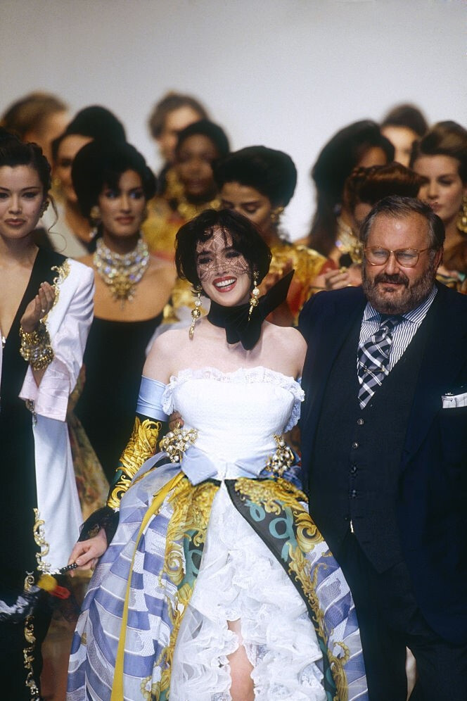 Isabelle Adjani wears a wedding dress by Gianfranco Ferre in the 1993 Spring-Summer fashion show for French fashion house Christian Dior.