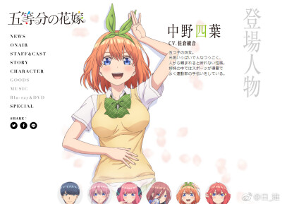 TV动画『五等分的花嫁』视觉图、声优、STAFF信息公开上杉風太郎：松冈祯丞中野一花：花泽香菜中野二乃：竹达彩奈中野三玖：伊藤美来中野四葉：佐仓绫音中野五月：水濑祈原作：春場ねぎ「五等分の花嫁」監督：桑原智…