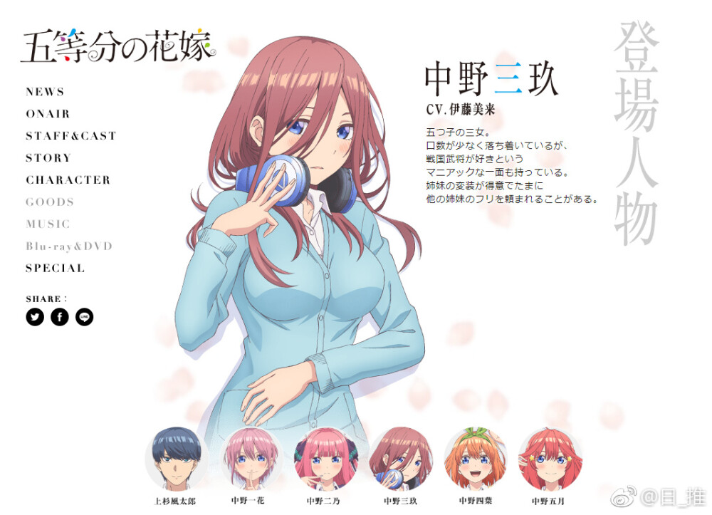 TV动画『五等分的花嫁』视觉图、声优、STAFF信息公开上杉風太郎：松冈祯丞中野一花：花泽香菜中野二乃：竹达彩奈中野三玖：伊藤美来中野四葉：佐仓绫音中野五月：水濑祈原作：春場ねぎ「五等分の花嫁」監督：桑原智系列构成：大知慶一郎キャラクターデザイン：中村路之将、雅楽雅プロップデザイン：荻野美希、川石テツヤ美術監督：斉藤雅己色彩設計：油谷ゆみ撮影監督：染谷和正（T2スタジオ）編集：内田渉（コンクエスト）音響監督：平光琢也音楽：田渕夏海、中村巴奈重、櫻井美希动画制作：手冢制作公司TV动画『五等分的花嫁』2019年1月开播