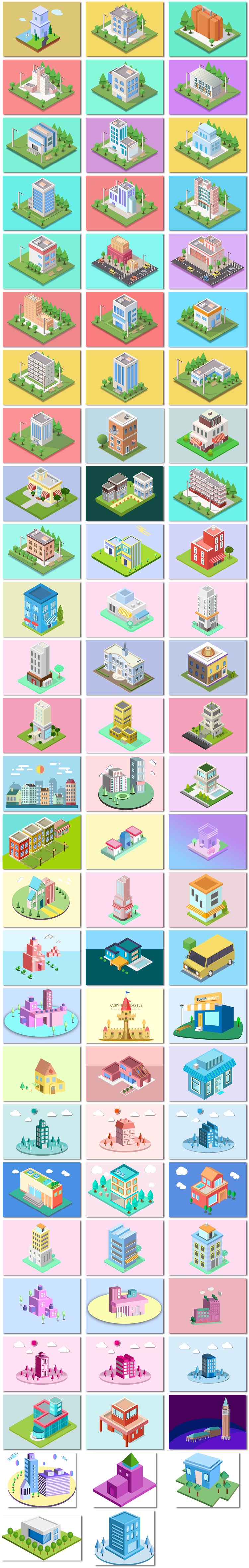 楼盘房子2.5d建筑商务办公楼商店模型立体插画矢量素材模板设计