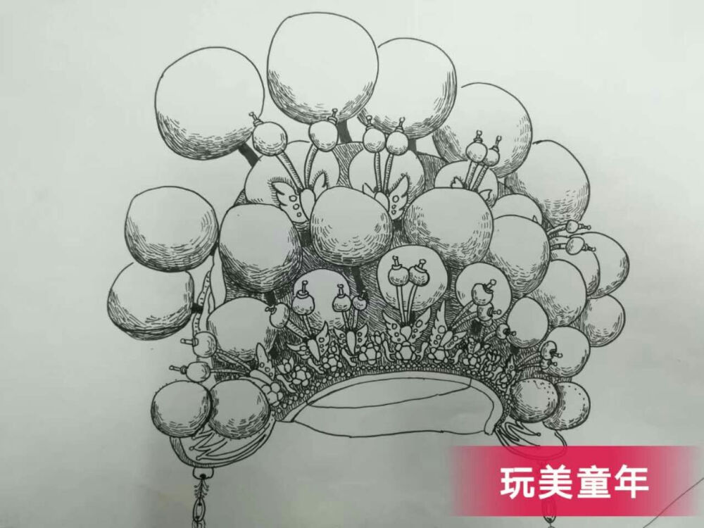 线描 儿童画 创意 装饰画 水彩笔 彩色 黑白 动物头冠 凤冠 霞帔 石雕 独轮车 写生 速写 花卉 植物