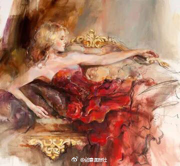 #油画# 俄罗斯女画家Anna Razumovskaya 的油画作品，她擅于女性的肖像画，作品中女子高贵优雅，深情和动作中透着迷人的气质。笔法专业大胆，没有刻意地勾勒，却能表现出神态和衣着装饰等很多细节。其作品受到全球很多私人收藏家的追捧。