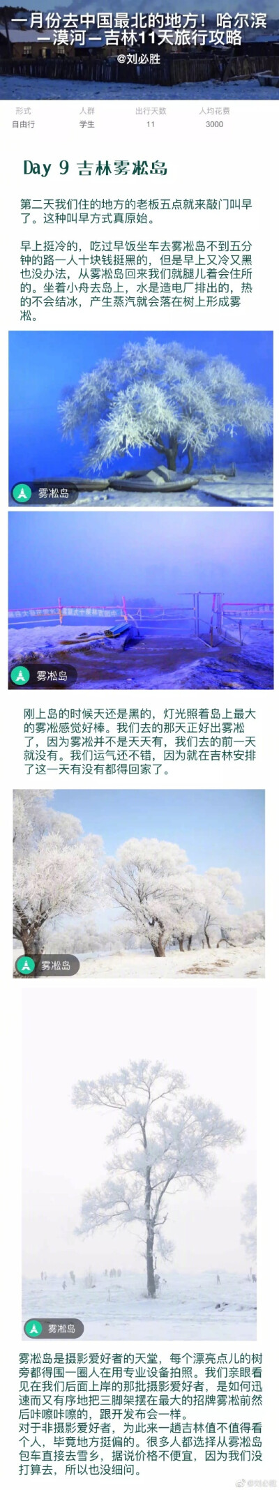 ❄️冬天旅行要么去最温暖的地方要么就去最冷的地方。奉上一份一月份的中国最北旅行攻略：哈尔滨、漠河、吉林雾凇岛11天，坐着绿皮火车去中国最北，学生党人均三千！p1:行前准备贴士p2-p4:哈尔滨旅行p5-p7:漠河旅行p…