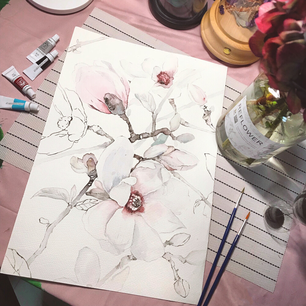 部分是模仿ins上大师画的水彩，部分是自己根据好看的图片或花朵实物创作的水彩画。