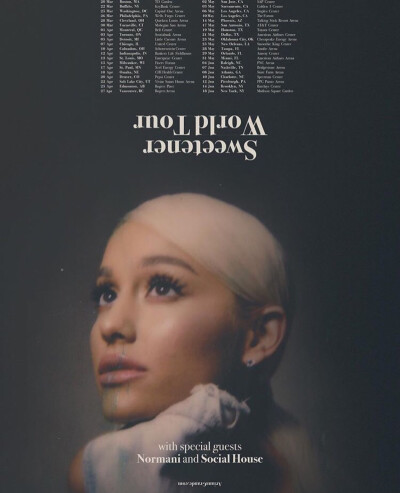 Ariana Grande ins
excited to announce that #sweetenerworldtour w special guests, the beautiful and talented @normani & my dear friend (and ty next producers) @socialhouse ... tix are on sale now .....…