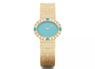【Extremely Piaget极致伯爵系列】
18K玫瑰金腕表，镶有20颗圆形美钻（约重0.90克拉）、4颗天然蛋面切割绿松石及天然绿松石表盘。 宫廷式图腾（Palace decor）金丝细织表带。 Piaget伯爵56P石英机芯。
