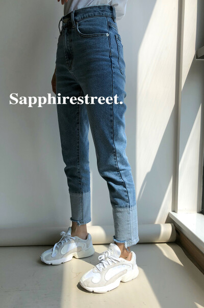 定制 Sapphire限量_超高腰_宽松小直筒_带磨破拼接牛仔裤