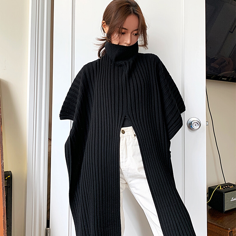ABchic by AB 蝙蝠袖毛衣女秋冬高领不规则黑色开叉斗篷针织上衣