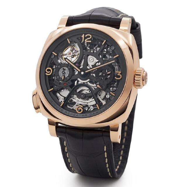 代表世界先进制表水平的10枚腕表之五
Panerai 沛纳海 Radiomir 1940 Minute Repeater Tourbillon GMT Panerai 的这枚复杂功能作品集成了三问报时、陀飞轮、两地时这3个复杂功能。值得一提的是，三问功能不仅支持十进制的分钟报时，还能切换为「本地时」和「家乡时」两个不同时区。