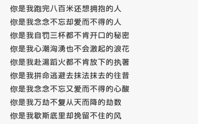 你是我跑完八百米还想拥抱的人
你是我念念不忘却爱而不得的人
你是我自罚三杯都不肯开口的秘密
你是我心潮洶湧也不会激起的浪花
你是我赴湯蹈火都不肯放下的执著
你是我拼命逃避去抹法抹去的往昔
你是我念念不…