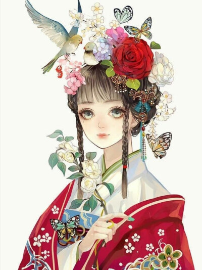 绘画 花 蝶 和服 古典