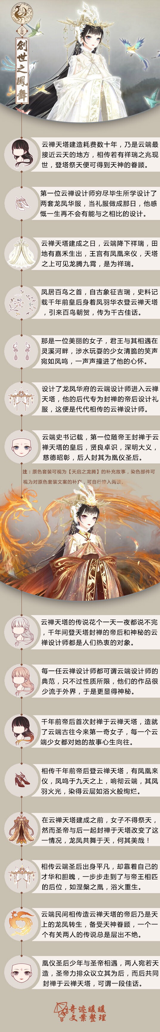 【云端帝国·天启之龙腾·&创世之凤舞】因为一个梦，云端帝王建造了这一座高耸入云的天塔。数千年来围绕着这座天塔留下了许许多多的传说：关于天塔的由来，关于帝后的爱情，关于龙凤华衣，关于天塔里那些未见天日的珍贵设计图……#奇迹暖暖##奇迹暖暖文案# ????