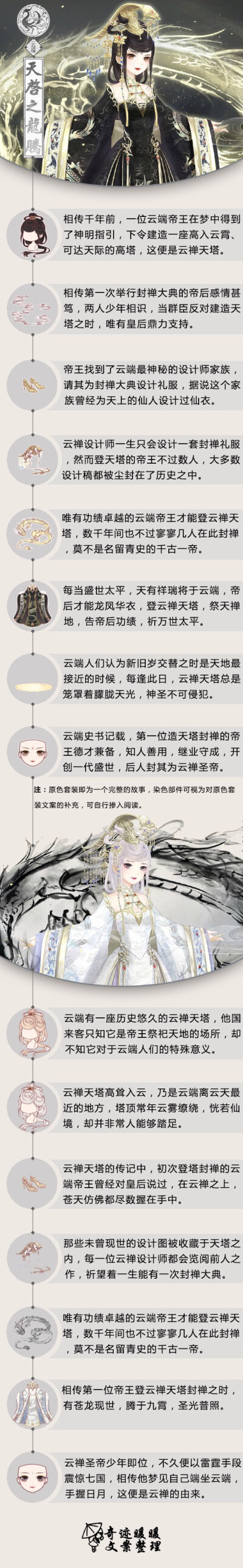 【云端帝国·天启之龙腾·&创世之凤舞】因为一个梦，云端帝王建造了这一座高耸入云的天塔。数千年来围绕着这座天塔留下了许许多多的传说：关于天塔的由来，关于帝后的爱情，关于龙凤华衣，关于天塔里那些未见天日的珍…