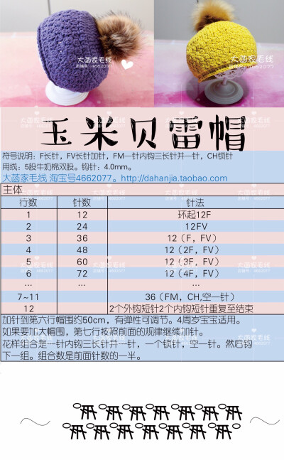 钩针玉米贝雷帽图解。钩针帽子图解