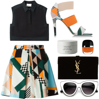 A fashion look from April 2015 featuring sleeveless tops, a-line skirt and orange shoes. Browse and shop related looks.