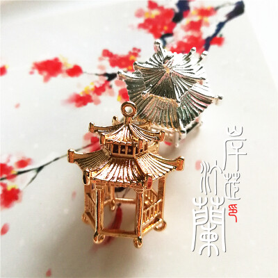 定制 新品 铜镀金银色立体小亭子 diy发簪首饰配件古风手工材料26*32mm