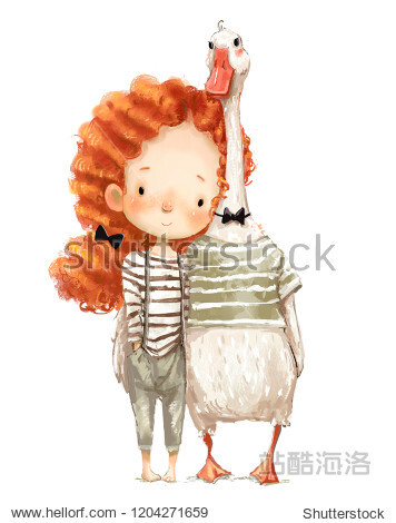 cute little girl with goose. watercolor illustration