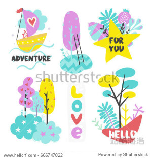 Summer vector elements collection. Colorful isolated hand drawn different items and lettering.