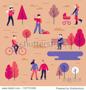 Vector illustration in flat simple linear style - people walking in the public autumn park - characters enjoying fall - man with mobile phone on the bench guy riding bicycle couple holding hands