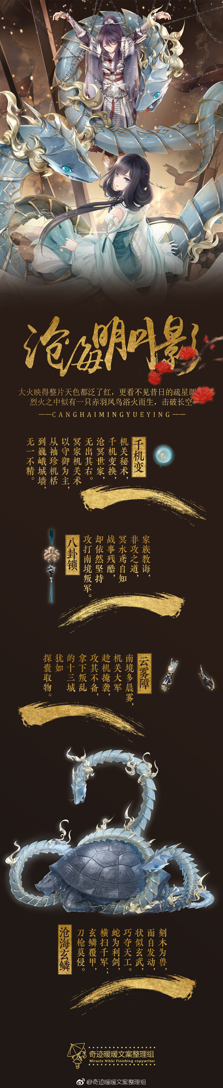 【织梦人·冥水鸢·萤光之灵&非成就套】刻木为兽，而自发动，状似玄武，巧夺天工。蛇为利剑，横扫千军；玄鳞覆甲，刀枪莫侵。#奇迹暖暖# #奇迹暖暖文案#