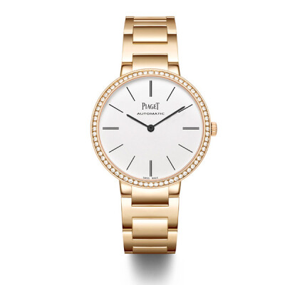 Piaget Altiplano 金质链带– 34毫米
18K 玫瑰金表壳，白色表盘搭配深灰色时标
镶饰68颗圆形美钻 (约重0.6克拉)
搭载伯爵制 534P 自动上链机械机芯
功能：时、分显示
18K玫瑰金链带配折叠式表扣
编号:G0A40108…