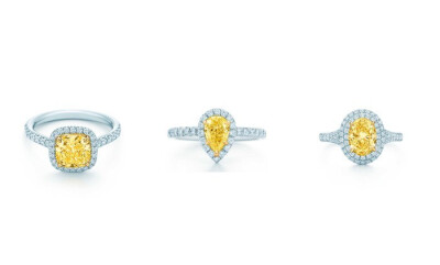 Tiffany & Co. 蒂芙尼 Tiffany Soleste系列
铂金及18K黄金镶嵌黄钻
铂金镶18K白钻戒指
最后是大名鼎鼎的黄钻戒指，每一款都散发着七彩迷人光辉。其中，公主方形自带宫廷风，而水滴形和椭圆形款式可以拉长手…