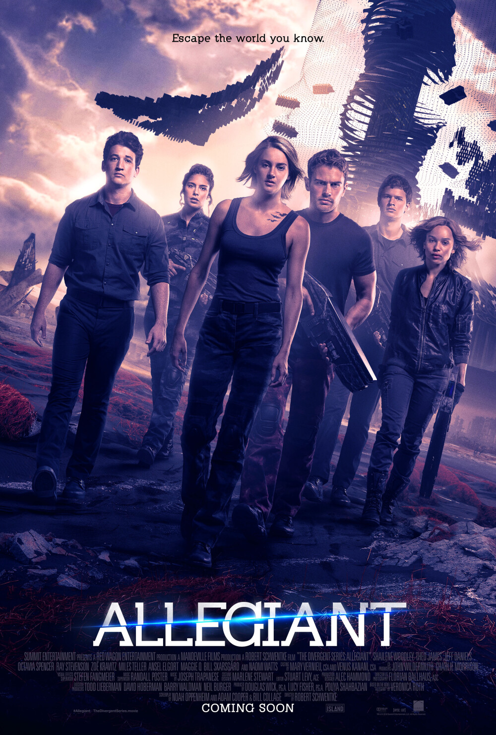 《分歧者3：忠诚世界》(The Divergent Series: Allegiant,2016年,美国):派系制度瓦解后，分歧者翠丝揭开了整个人类的秘密，原来芝加哥不过是美国基因局制造的一场实验。一片混乱之下的芝加哥危机四伏，老四的母亲伊芙琳企图成为新的统治者。翠丝决定带领老四、克里斯蒂娜、皮特、托莉和凯莱布逃往城外，为芝加哥人民寻找新的希望。他们历经险阻，来到了充斥着各种高科技技术的基因局。在这个全新的世界里，翠丝和老四的价值观被完全颠覆，二人之间的信任也遭受到前所未有的考验。当他们发现基因局负责人大卫所掩藏的阴谋时，翠丝和老四作出了忠于内心的选择。