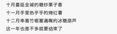 十月蔓延全城的糖炒栗子香
十一月手里热乎乎的烤红薯
十二月串着竹棍塞满嘴的冰糖葫芦
这一年也差不多就要结束了
啊璐，