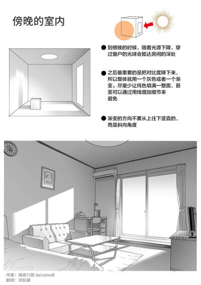 漫画家篠房六郎发在推上的
不同环境下画室内光的思路 ?~
via @摸鱼姬 ?