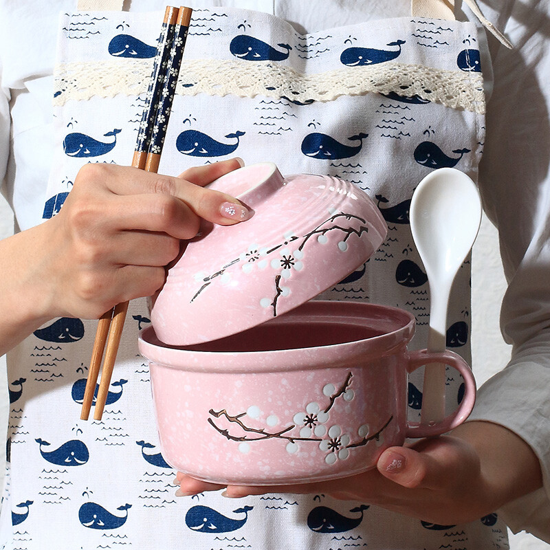 日式雪花陶瓷大号带盖泡面碗面杯汤碗带手柄学生饭碗便当盒送勺筷