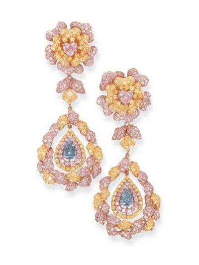 AN IMPRESSIVE PAIR OF FANCY COLOURED DIAMOND EAR PENDANTS. Each designed as a yellow and pink diamond flowerhead with a central heart-shaped fancy pink diamond weighing 1.61 and 1.42 carats to the det…