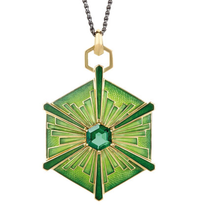 Gemfields' Hannah Martin amulet made with baisse taille enamel and a 1.34ct emerald from Zambia.