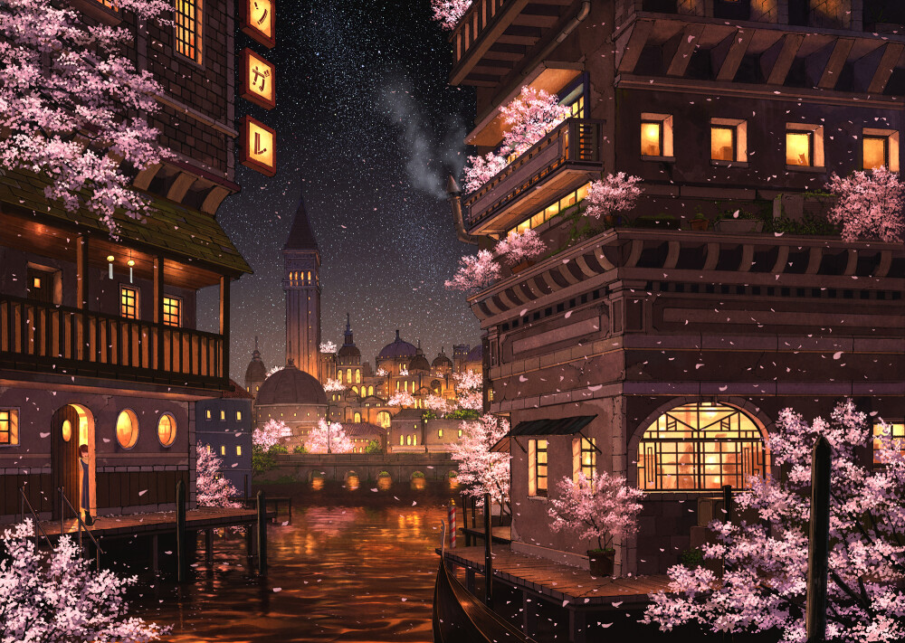 【blossom night】 by:ぺい@3日目東ハ-19b id=71903282 pixiv, 插画，风景，背景，城市