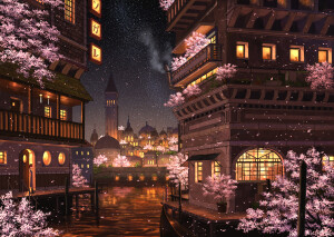 【blossom night】 by:ぺい@3日目東ハ-19b  id=71903282 pixiv, 插画，风景，背景，城市