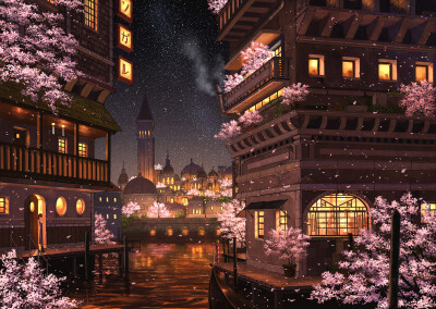 【blossom night】 by:ぺい@3日目東ハ-19b id=71903282 pixiv, 插画，风景，背景，城市