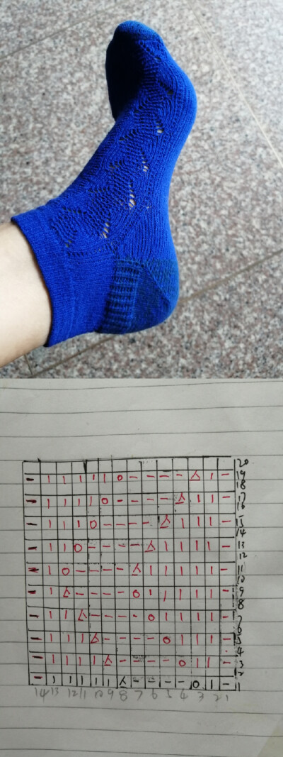 短筒袜
4股宝蓝氨纶，2.5针袜口63针36行合并，3.0袜筒84针20行，加一股线42针片织单元宝针16个来回，袜跟（42-20）圈织三角部分挑12针，脚背压脚底收针，收12次24行+84圈，袜身108行收袜尖（40-22）适合37～38码。