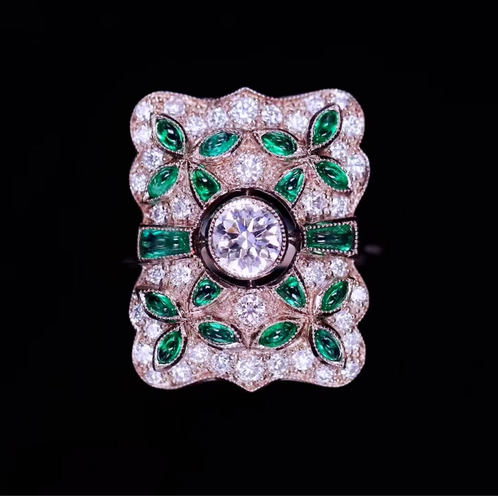 1920年装饰艺术时期古董祖母绿钻石戒指 