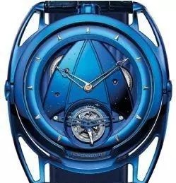 DB28 KIND OF BLUE TOURBILLON
若干块被手工单独烧蓝的组件构成了这片湛蓝的海洋，单色调也反映出De Bethune纯粹而成熟的金属加工技术。