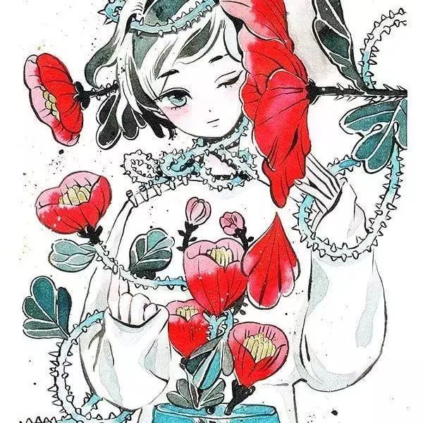 这位画家名叫maruti_bitamin，平时喜欢绘制清新安静的小插画，自然多彩的叶子，安静迷你的少女。