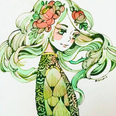这位画家名叫maruti_bitamin，平时喜欢绘制清新安静的小插画，自然多彩的叶子，安静迷你的少女。