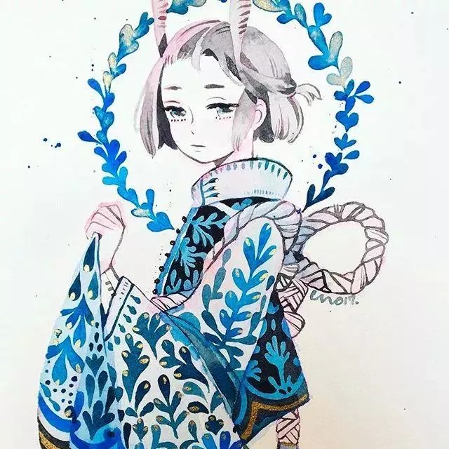 这位画家名叫maruti_bitamin，平时喜欢绘制清新安静的小插画，自然多彩的叶子，安静迷你的少女。