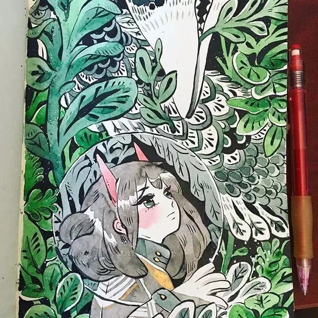这位画家名叫maruti_bitamin，平时喜欢绘制清新安静的小插画，自然多彩的叶子，安静迷你的少女。