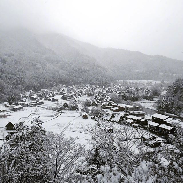 五箇山这个地方的民宅大都是“合掌造”（茅草的人字形木屋顶）式的3、4 层建筑，为了防止积雪，屋顶造成 60°的斜面，寸钉不用。因为它景观独特，已被指定为世界遗产。适合冬天去玩雪~