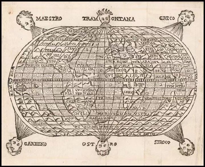 来源见最后，双球式世界地图出现以前，欧洲很多地图上都会在地球外围绘有以东南西北四个方向的风神为主的风神头像。部分地图还会添加小区域风神，最高可达十二位。风神来源于希腊神话，四大风神分别是:
Boreas（北风）
Eurus（东风）
Notus（南风）
Zephyrus（西风）