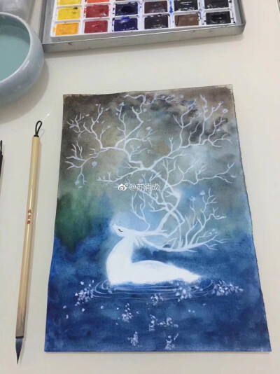 本人手绘水彩画鲸鱼星空古风麋鹿花鸟风景