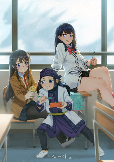 Anime 1768x2500 Golden Kamuy SSSS.GRIDMAN Seishun Buta Yarō wa Bunny Girl-senpai no Yume wo Minai anime girls schoolgirl Asirpa (Golden Kamuy) Sakurajima Mai Takarada Rikka crossover