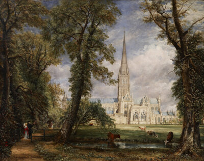 General 2048x1617 traditional art painting artwork oil painting John Constable park Salisbury cathedral trees couple lake animals cow clouds