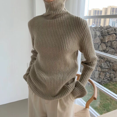 2018冬季女装新款韩版复古百搭宽松显瘦纯色坑条纹高领毛衣针织衫