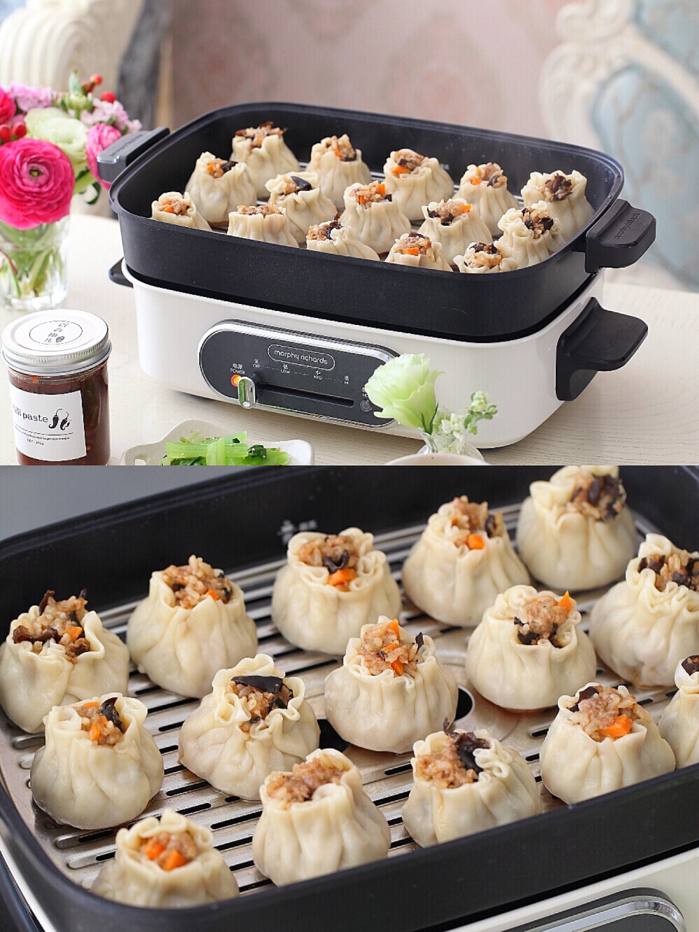 烧麦烧麦我爱你
一锅热腾腾的烧麦做好啦，不要抢，吃完这锅还有一锅。糯米猪肉馅（加了胡萝卜和木耳）平衡了营养还美味，晚点码方子给大家。啊呜一大口，沾着百合雨儿 送的辣椒酱，好吃停不下来。